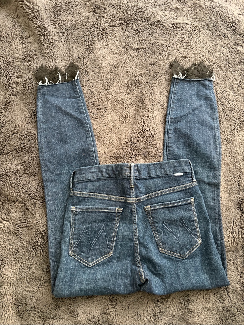 MOTHER High Waisted Skinny Jeans with Frayed Ankles